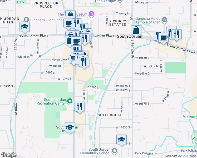 map of restaurants, bars, coffee shops, grocery stores, and more near 1519 Arbor View Way in South Jordan