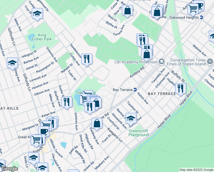map of restaurants, bars, coffee shops, grocery stores, and more near 162 Woodcutters Lane in Staten Island