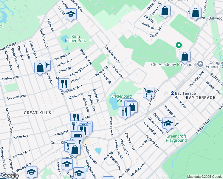 map of restaurants, bars, coffee shops, grocery stores, and more near 48 Dewey Avenue in Staten Island