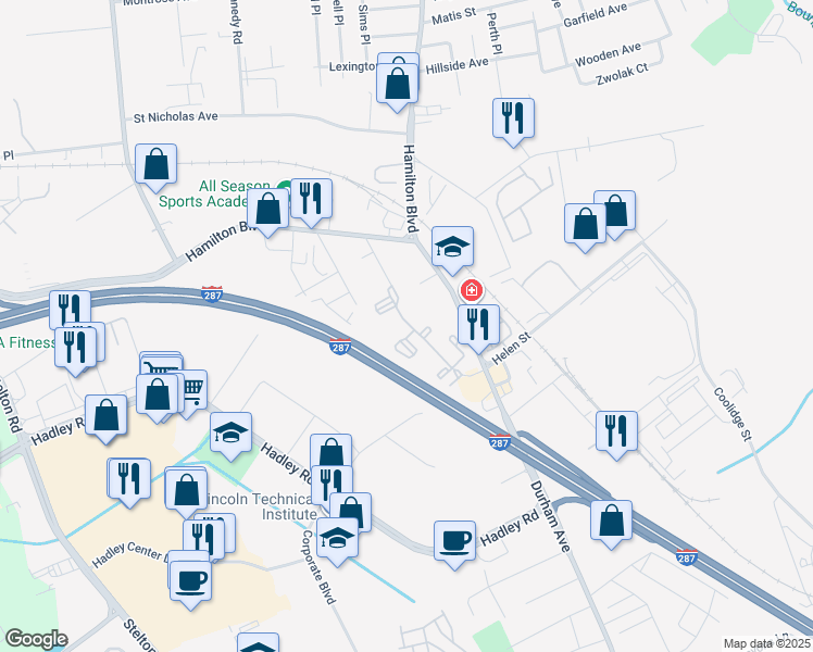 map of restaurants, bars, coffee shops, grocery stores, and more near 1300 Cook Lane in South Plainfield