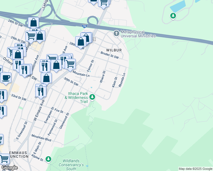 map of restaurants, bars, coffee shops, grocery stores, and more near 2919 Klein Street in Allentown