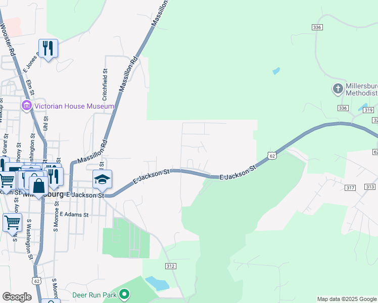 map of restaurants, bars, coffee shops, grocery stores, and more near 101 Lakeview Drive in Millersburg