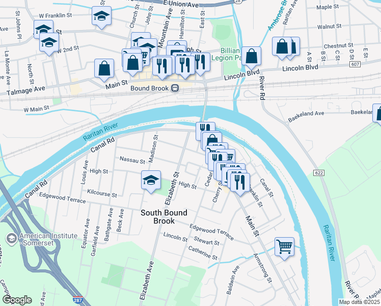 map of restaurants, bars, coffee shops, grocery stores, and more near 133 Clinton Street in South Bound Brook