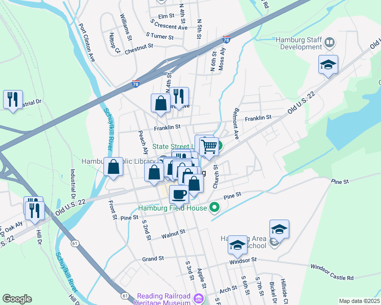 map of restaurants, bars, coffee shops, grocery stores, and more near 78 North 5th Street in Hamburg