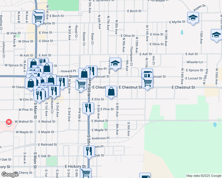 map of restaurants, bars, coffee shops, grocery stores, and more near 720 East Chestnut Street in Canton
