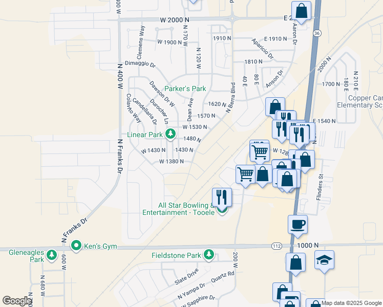map of restaurants, bars, coffee shops, grocery stores, and more near 151 1430 North in Tooele