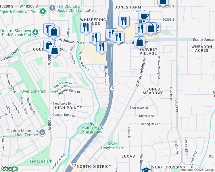 map of restaurants, bars, coffee shops, grocery stores, and more near 10801 Big Meadow Drive in South Jordan