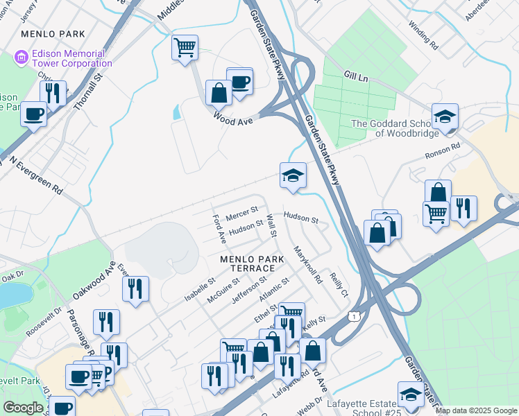 map of restaurants, bars, coffee shops, grocery stores, and more near 89 Mercer Street in Metuchen