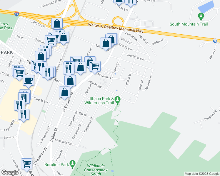 map of restaurants, bars, coffee shops, grocery stores, and more near 2900 Fernor Street in Allentown