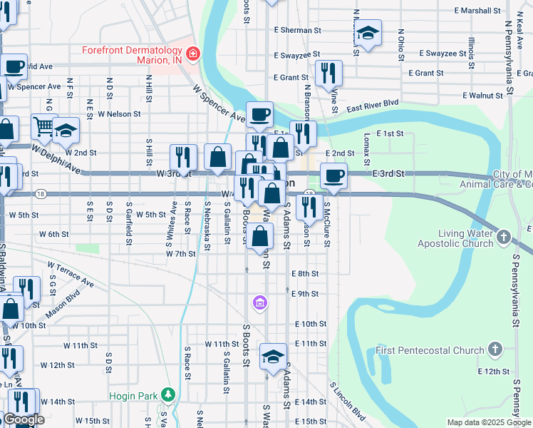 map of restaurants, bars, coffee shops, grocery stores, and more near 100 West 5th Street in Marion