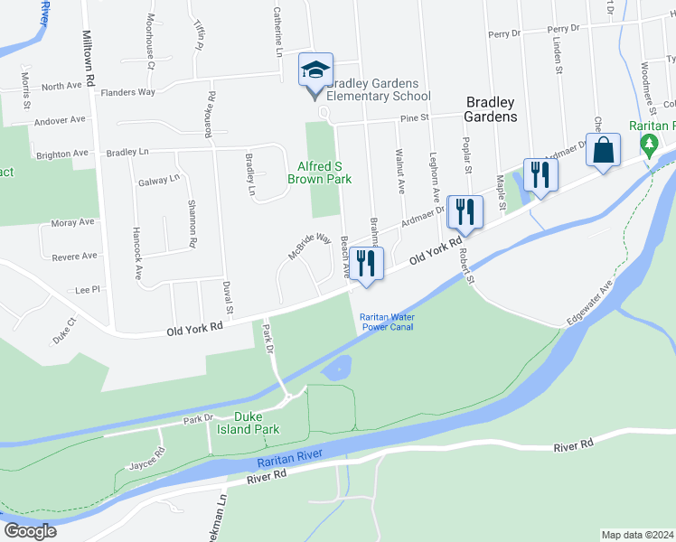 map of restaurants, bars, coffee shops, grocery stores, and more near 8 McBride Way in Bridgewater