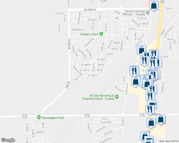 map of restaurants, bars, coffee shops, grocery stores, and more near 1417 Durocher Lane in Tooele