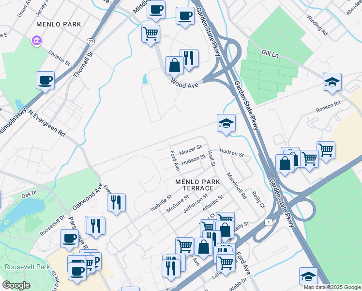 map of restaurants, bars, coffee shops, grocery stores, and more near 50 Wall Street in Metuchen