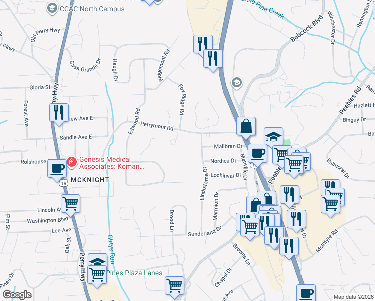 map of restaurants, bars, coffee shops, grocery stores, and more near 532 Perrymont Road in Pittsburgh