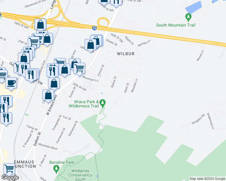 map of restaurants, bars, coffee shops, grocery stores, and more near 2926 Ithaca Street in Allentown