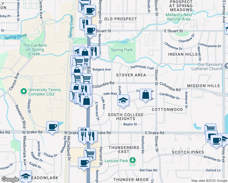map of restaurants, bars, coffee shops, grocery stores, and more near 300 Yale Way in Fort Collins