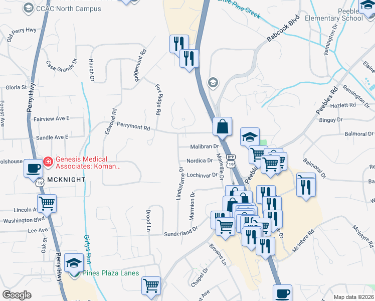 map of restaurants, bars, coffee shops, grocery stores, and more near 600 Malibran Drive in Pittsburgh