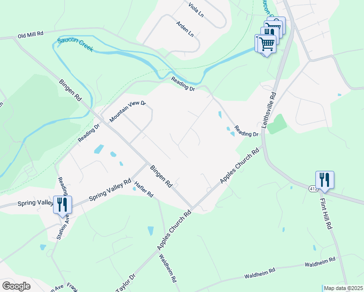 map of restaurants, bars, coffee shops, grocery stores, and more near 1671 Creek View Road in Bethlehem