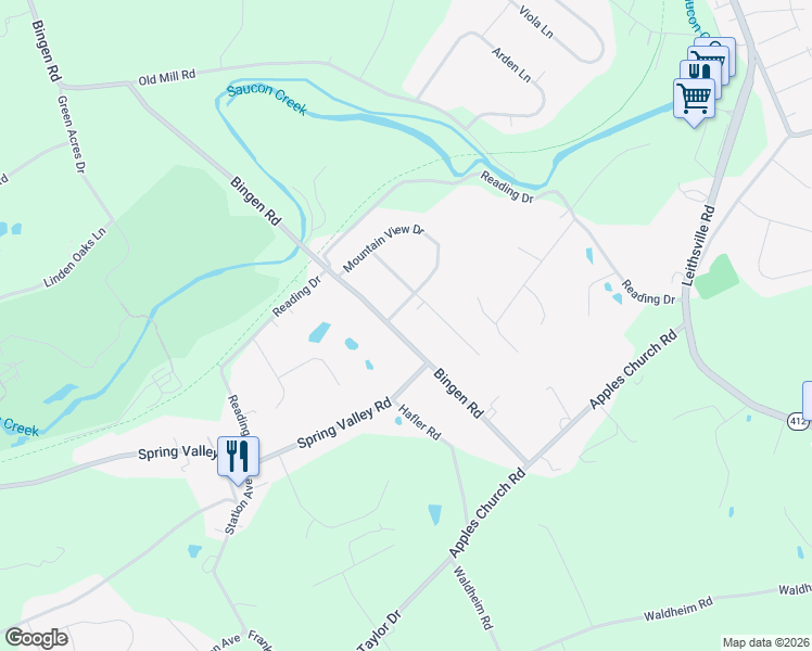 map of restaurants, bars, coffee shops, grocery stores, and more near 3259 Bingen Road in Bethlehem