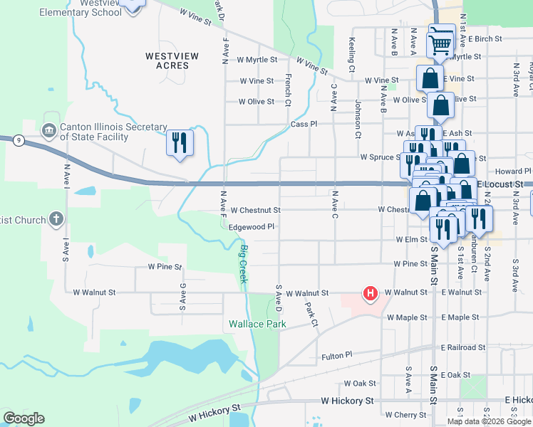 map of restaurants, bars, coffee shops, grocery stores, and more near 416 West Chestnut Street in Canton