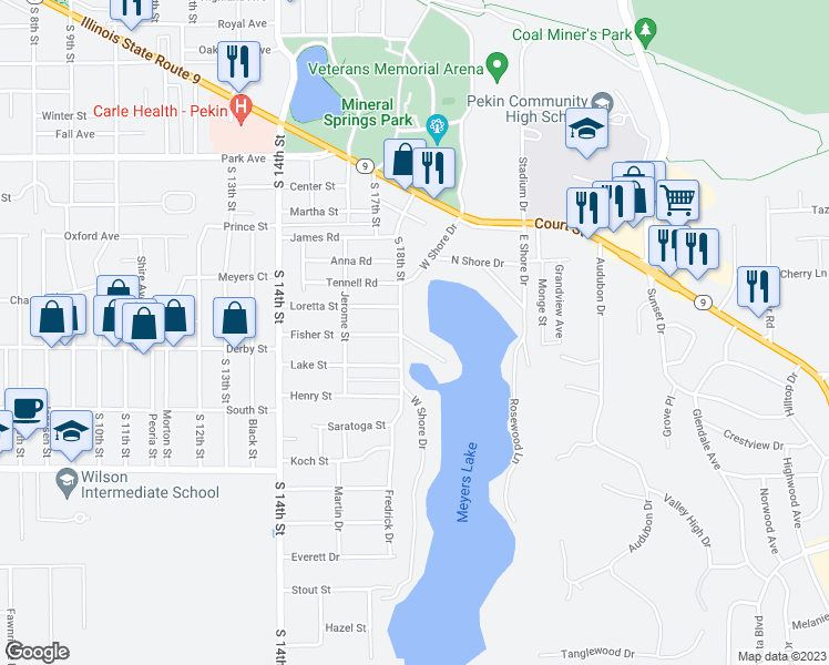 map of restaurants, bars, coffee shops, grocery stores, and more near 11 Cape Court in Pekin