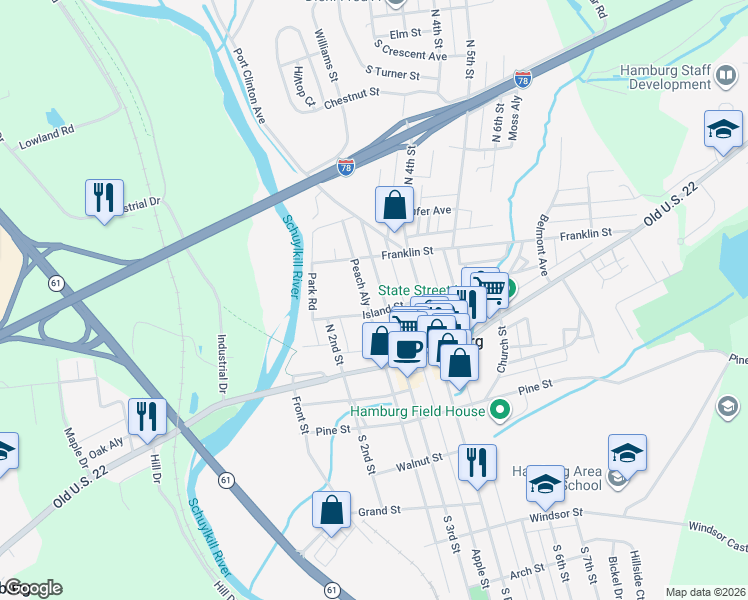 map of restaurants, bars, coffee shops, grocery stores, and more near 122 North 3rd Street in Hamburg