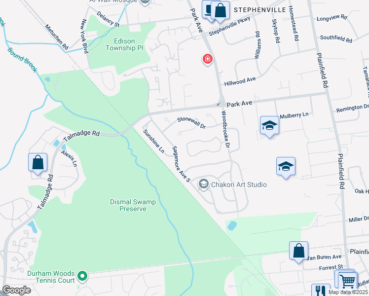 map of restaurants, bars, coffee shops, grocery stores, and more near 56 Pheasant Run in Edison