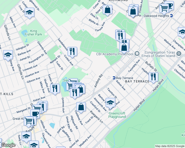 map of restaurants, bars, coffee shops, grocery stores, and more near 162 Woodcutters Lane in Staten Island