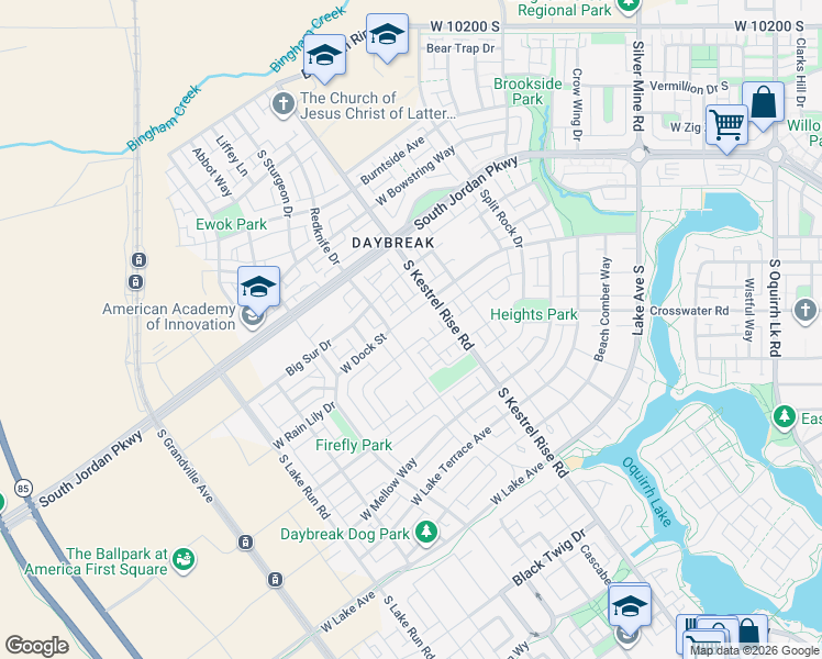 map of restaurants, bars, coffee shops, grocery stores, and more near 5169 West Dock Street in South Jordan