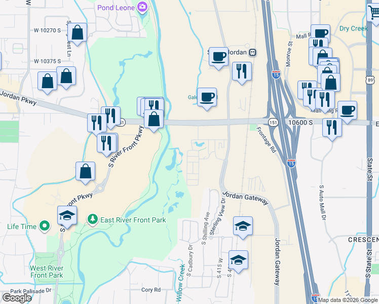 map of restaurants, bars, coffee shops, grocery stores, and more near 481 West Cardon Ridge Way in South Jordan