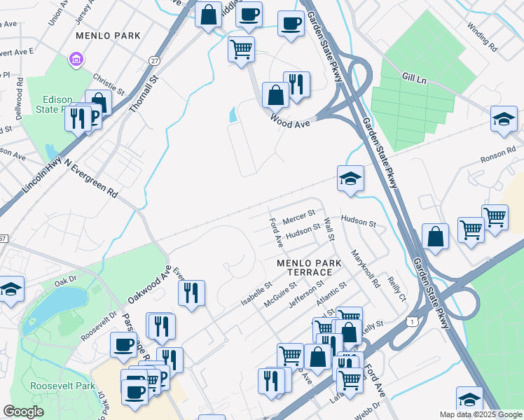 map of restaurants, bars, coffee shops, grocery stores, and more near 15 Wall Street in Metuchen