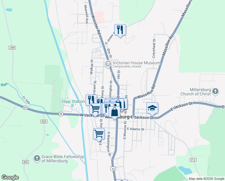 map of restaurants, bars, coffee shops, grocery stores, and more near 261 North Washington Street in Millersburg