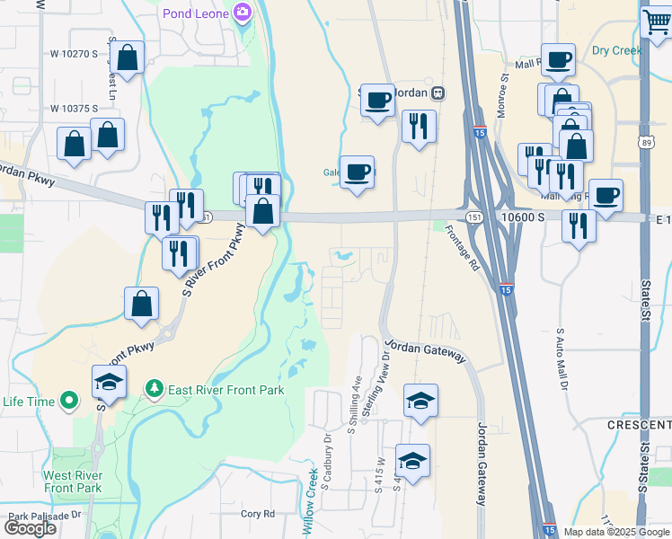 map of restaurants, bars, coffee shops, grocery stores, and more near 10670 Monica Ridge Way in South Jordan