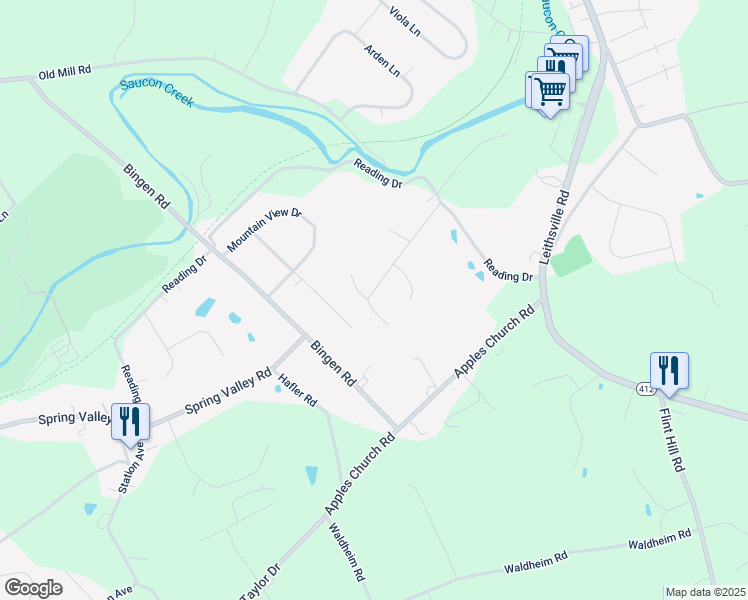 map of restaurants, bars, coffee shops, grocery stores, and more near 1671 Creek View Road in Bethlehem