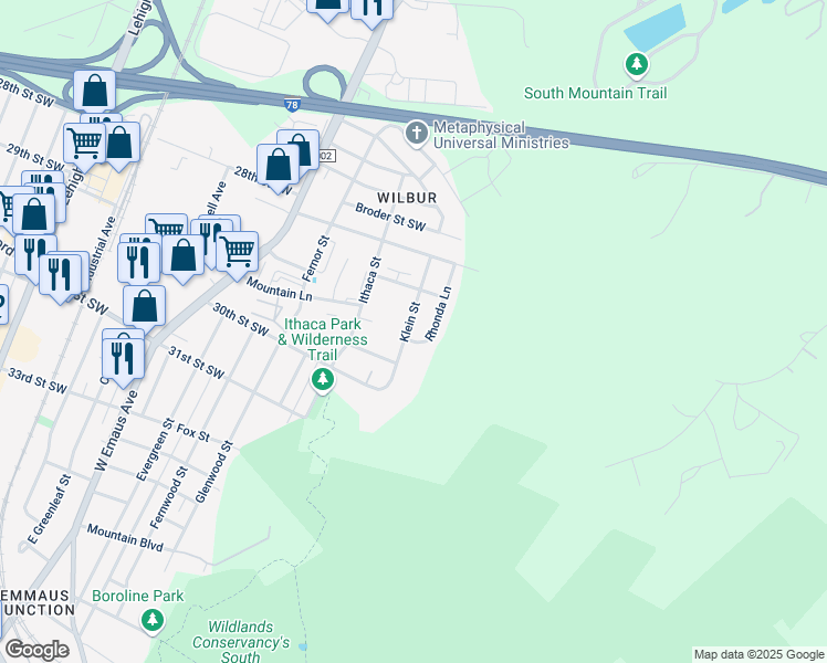 map of restaurants, bars, coffee shops, grocery stores, and more near 2908 Klein Street in Allentown