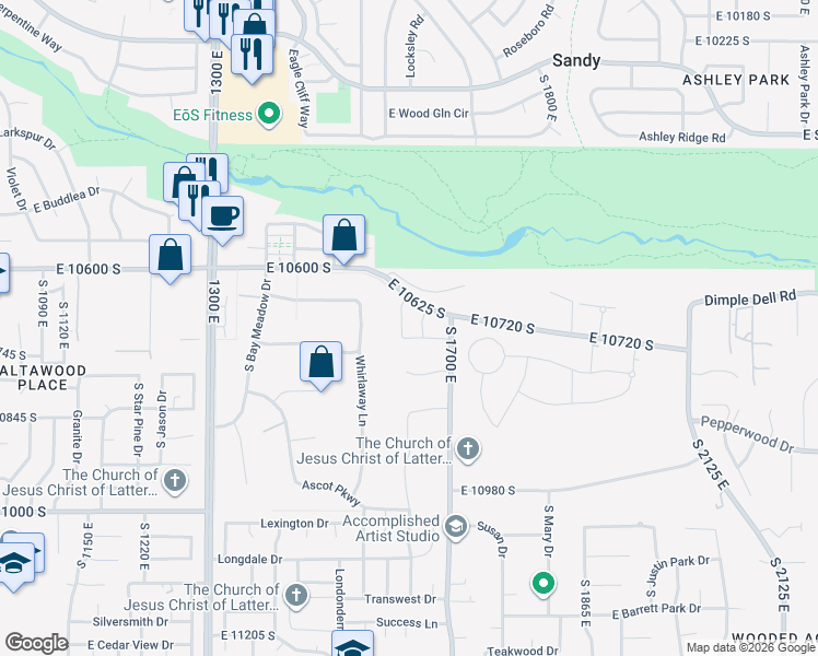 map of restaurants, bars, coffee shops, grocery stores, and more near 10688 East Dielsdorf Road in Sandy