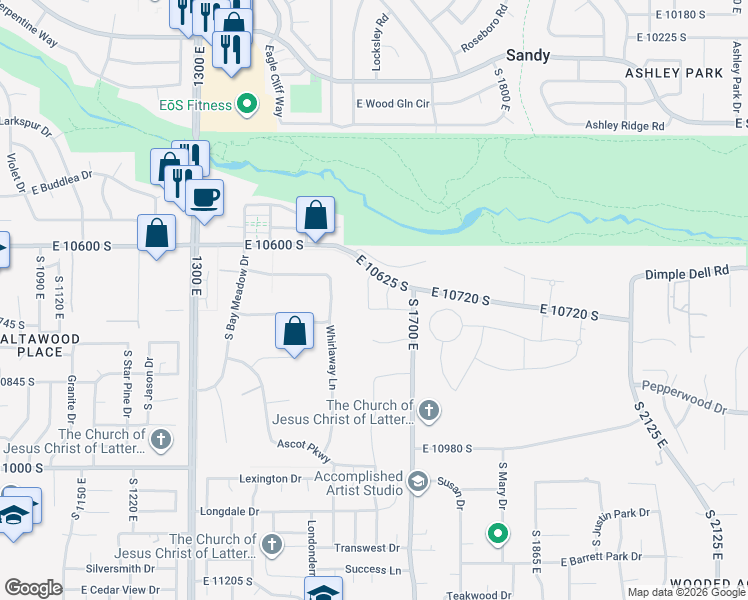 map of restaurants, bars, coffee shops, grocery stores, and more near 10695 South Dielsdorf Road in Sandy
