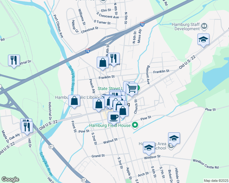 map of restaurants, bars, coffee shops, grocery stores, and more near 71 N 4th St in Hamburg