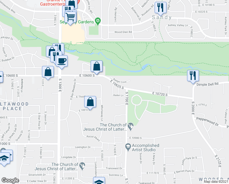map of restaurants, bars, coffee shops, grocery stores, and more near 10688 East Dielsdorf Road in Sandy