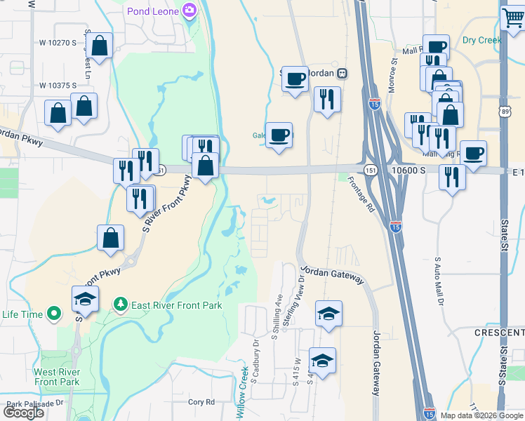map of restaurants, bars, coffee shops, grocery stores, and more near 481 West Cardon Ridge Way in South Jordan