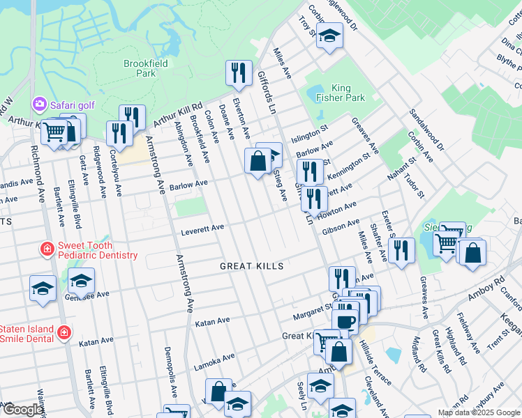 map of restaurants, bars, coffee shops, grocery stores, and more near 277 Leverett Avenue in Staten Island