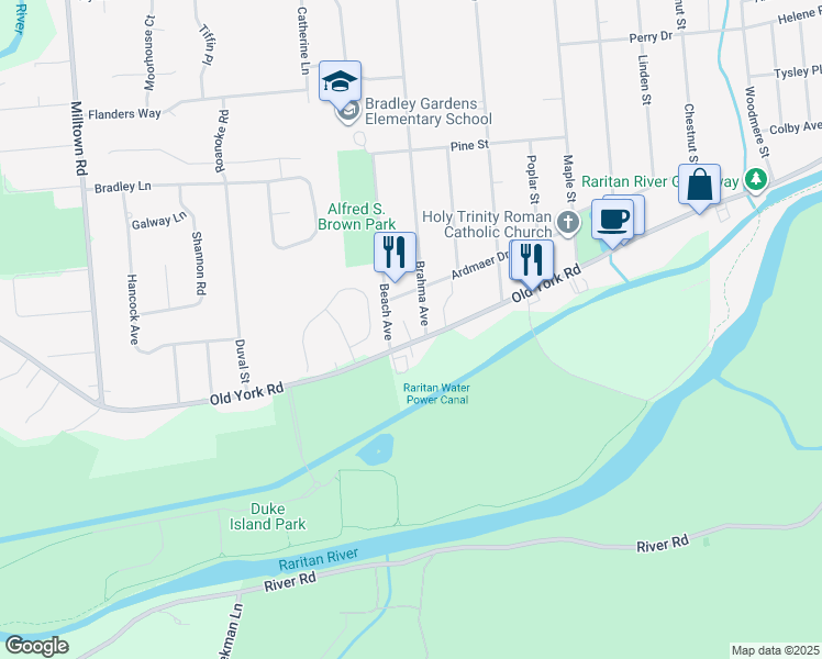map of restaurants, bars, coffee shops, grocery stores, and more near 136 Old York Road in Bridgewater Township