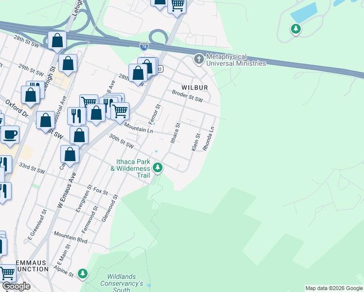 map of restaurants, bars, coffee shops, grocery stores, and more near 2919 Klein Street in Allentown