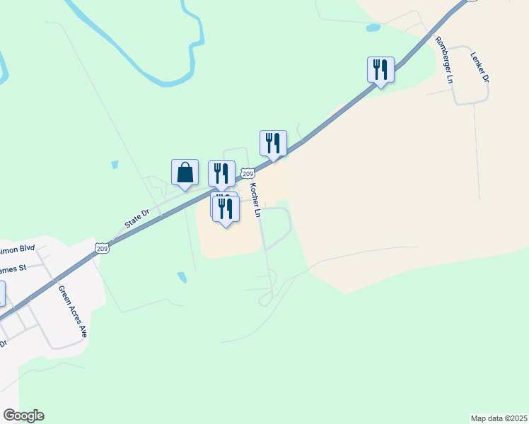 map of restaurants, bars, coffee shops, grocery stores, and more near 175 Kocher Lane in Elizabethville