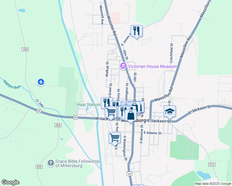 map of restaurants, bars, coffee shops, grocery stores, and more near 242 North Mad Anthony Street in Millersburg