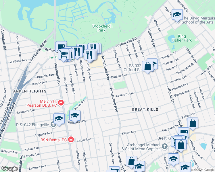 map of restaurants, bars, coffee shops, grocery stores, and more near 920 Armstrong Avenue in Staten Island