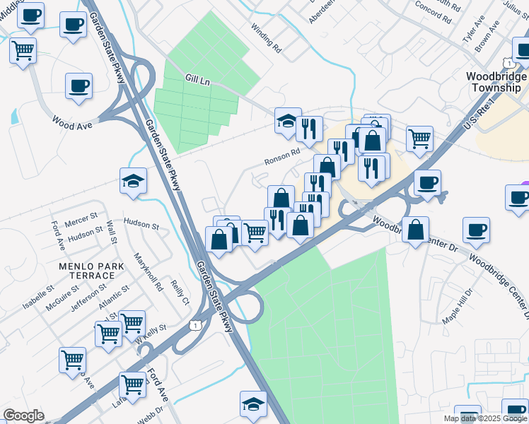 map of restaurants, bars, coffee shops, grocery stores, and more near 1501 Woodbridge Commons Way in Woodbridge Township
