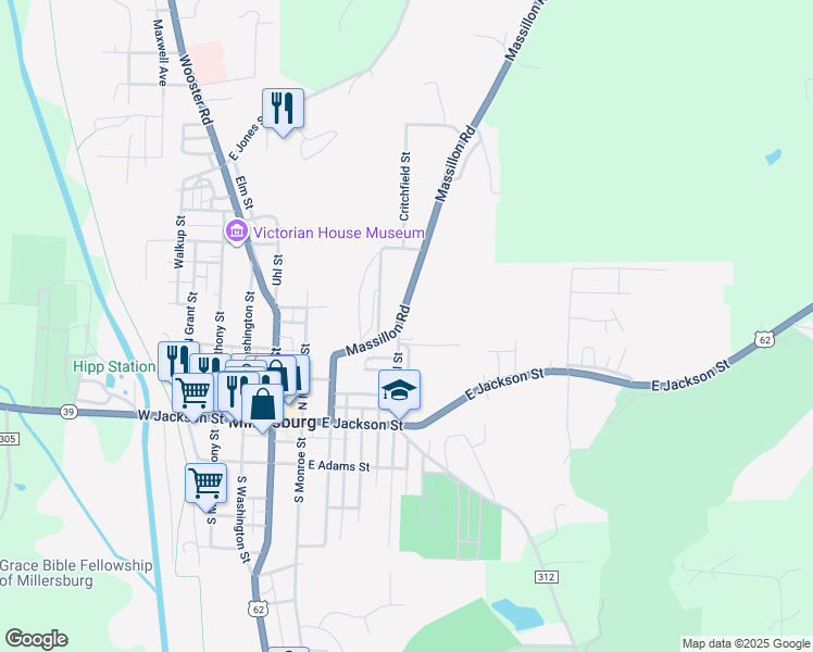 map of restaurants, bars, coffee shops, grocery stores, and more near 419 Massillon Road in Millersburg
