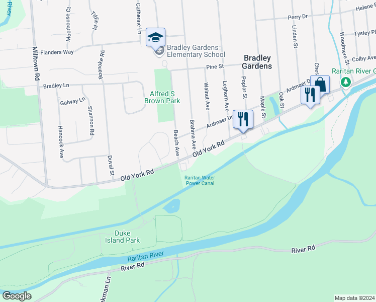 map of restaurants, bars, coffee shops, grocery stores, and more near 136 Old York Road in Bridgewater Township
