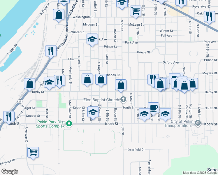 map of restaurants, bars, coffee shops, grocery stores, and more near 1240 South 4th Street in Pekin